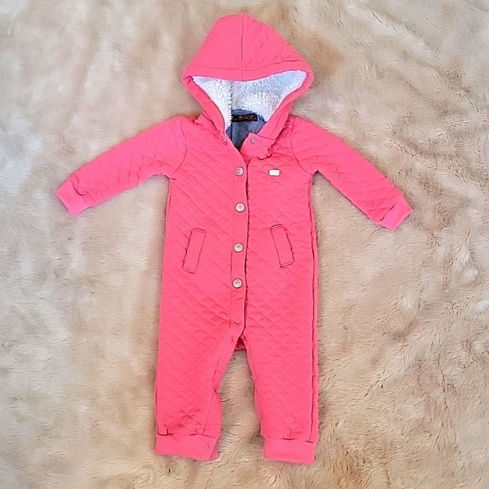 7FAM PINK QUILTED HOODED PRAM, SIZE 6/9 MONTHS